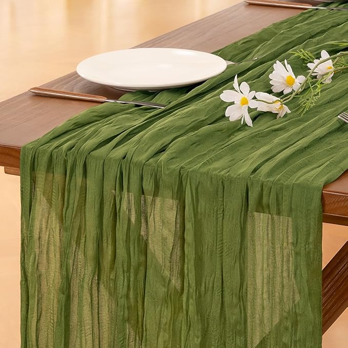 Socomi 6pcs Campsite Green Summer Cheesecloth Table Runner Boho Rustic Gauze 120 inch 10FT Cheese Cloth Sheer Runner for Wedding Party Baby Shower Birthday Home Decor Holiday Decorations