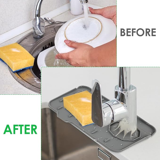 Sink Faucet Splash Guard Mat Silicone Soap Dish Pad Faucet Handle Drip Catch Sponge Holder Sink Protector Trays for Bathroom Kitchen Countertop Gadgets Accessories 8.3 x 5.7 Inch