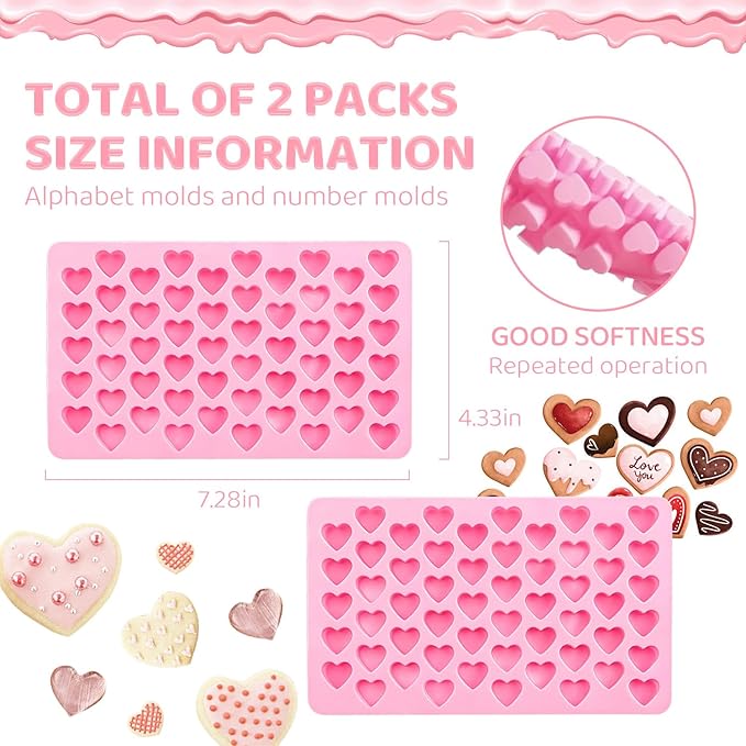 2PCS Silicone Molds for Chocolate,Heart Molds,Reusable Candy Molds with Heart Symbols,Mini Size Heart for Birthday Cake Lollipop Fondant Chocolate