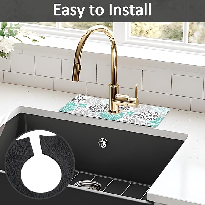 15" X 5.5" Kitchen Sink Splash Guard Faucet Mat Floral Super Absorbent Fast Drying Faucet Guard & Draining Mat Sink Splash Guard Behind Faucet for Kitchen, Bathroom