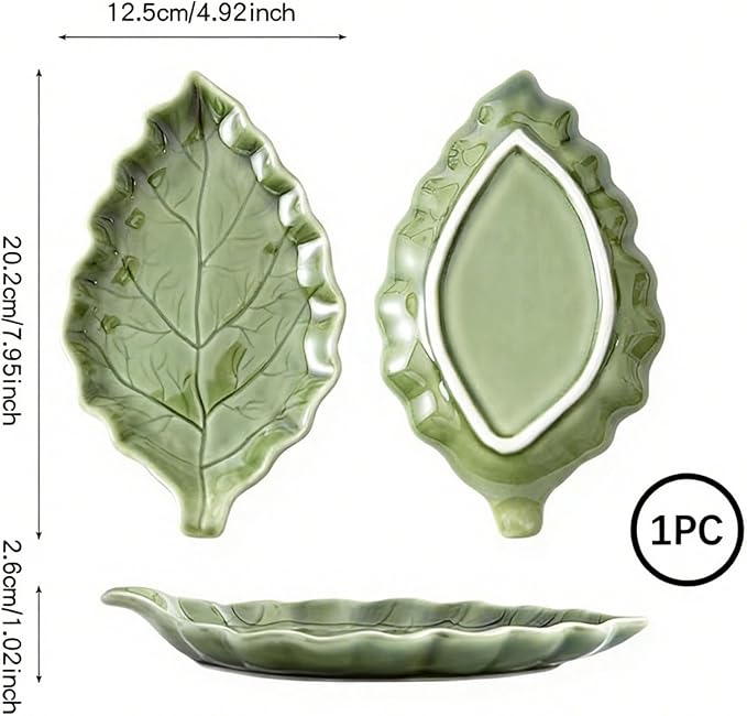 Ceramic Leaf Shape Spoon Rest for cooking, Cute Green Cooking Spoon Holder for Stove Top,Large Porcelain Spatula Rest for Kitchen Counter, Farmhouse Kitchen Decor (green)