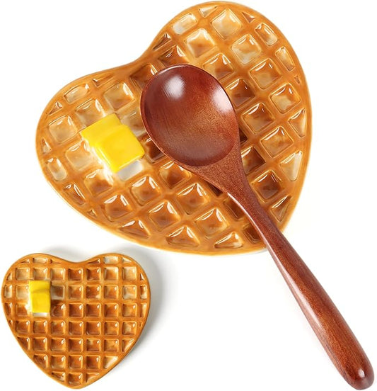 Waffle Spoon Rest for Stove Top, Cute Spoon Holder for Kitchen Counter Cooking Utensil Rest Ceramic Coffee Spoon Rest, Yellow Kitchen Counter Decor (Waffle Spoon Holder)