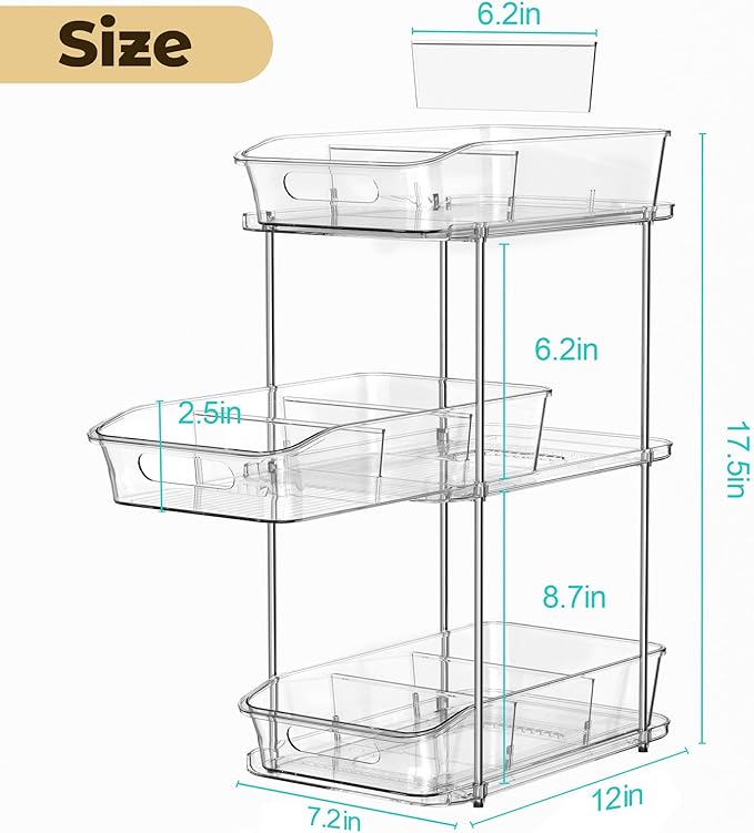 incostar 3 Tier Under Sink Organizer, Pull-Out Storage Organizer with Dividers, Ideal for Organizing Cupboard,Bathroom Vanities,Cabinet, Slide-Out Clear Storage (2 Pack 3 Tier)