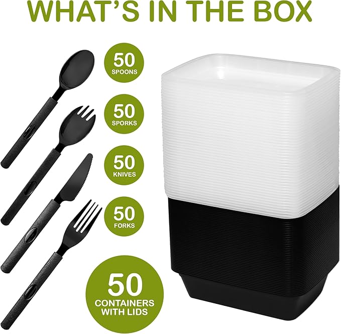 NEW Meal Prep Containers 38oz Lids Utensils 50-Pack 300 Pieces Reusable Sturdy Plastic Bento Box Single Compartment Takeout Food Stackable Leakproof Storage BPA-Free Microwave Freezer Dishwasher