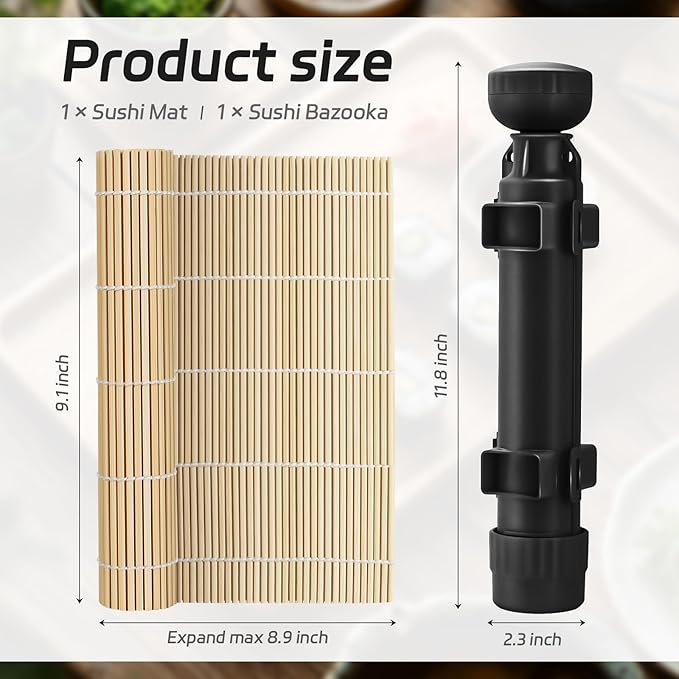 Sushi Making Kit, Upgraded 11.8 Inches Sushi Roller, Sushi Rolling Mat Sushi Maker Sushi Kit, Sushi Bazooka Easy Made Sushi Black