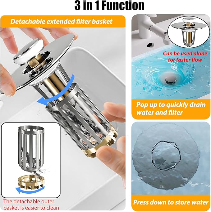 3 in 1 Pop Up Bathroom Sink Stopper, Bathroom Sink Drain Strainer, with Removable Basket Hair Catcher, Universal Sink Plug Cover for 1.06 in to 1.6 in Drain, Brushed Nickel