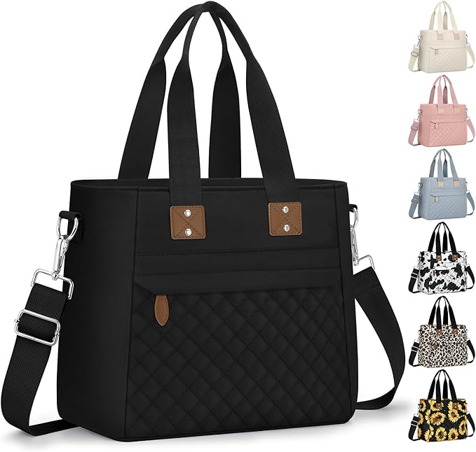 Insulated Lunch Box for Women & Men - Large Thermal Lunch Bag Women with Removable Shoulder Strap, Reusable Lunch Cooler Tote Bags Purse for Adults Work, Picnic, Hiking, Beach, Travel, Medium，Black