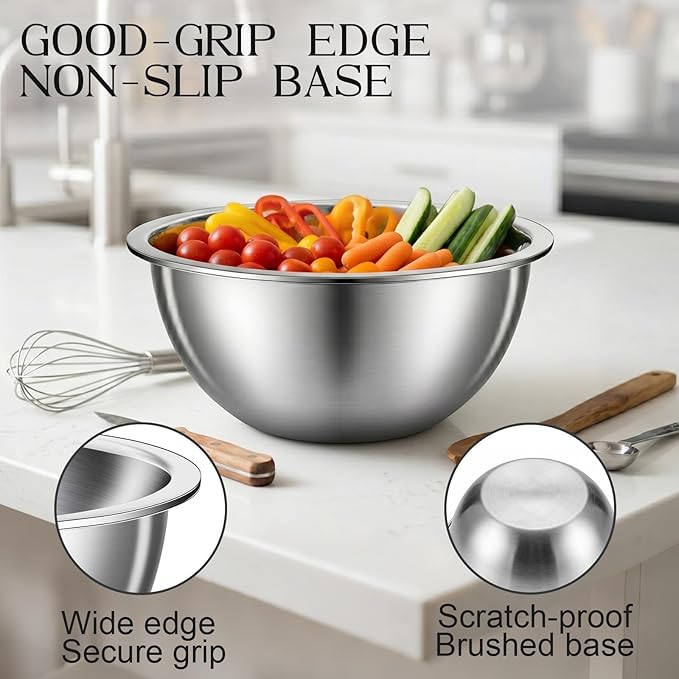 DUTZUN Heavy-Duty Stainless Steel Mixing Bowls Set of 5 plus 3QT Colander, Nesting Kitchen Metal Bowl for Baking Prep Salads Serving Cooking, Dishwasher Safe — 4.0 to 0.8 QT
