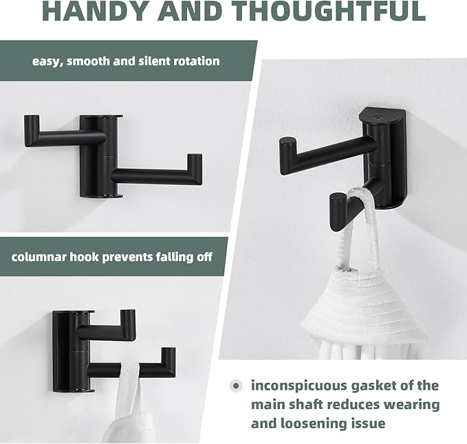Angle Simple Swivel Double Towel Hook Matte Black, 304 Stainless Steel Robe Hook for Bathroom
