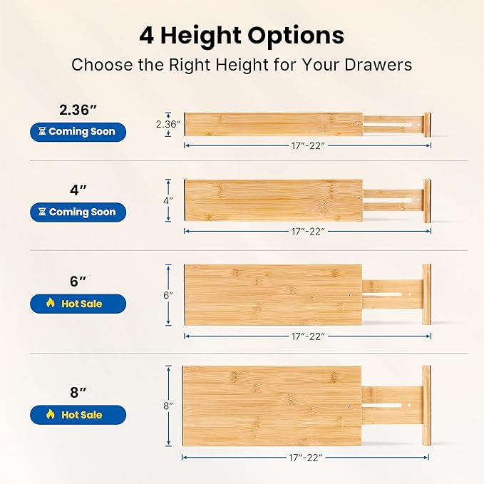 4 Pack Drawer Dividers, 2.36" Bamboo Expandable Drawer Organizers, 17-22" Adjustable Tension Separators, Standard Drawer Dividers for Kitchen, Bedroom Dresser, Baby Nursery & Bathroom
