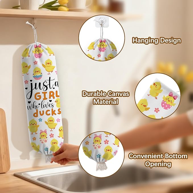 Plastic Bag Holder Dispenser, Duck Plastic Grocery Bag Organizer & Wall Mount Paper Trash Bags Saver Storage for Kitchen Home Pantry Decor Just A Girl Who Loves Ducks Decor
