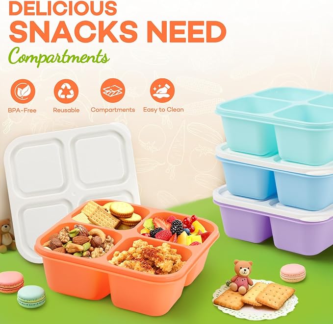 Bento Box Adult Lunch Box- 4 Pack,4 Compartment Snack Containers Reusable Meal Prep Stackable BPA-Free Lunch Containers for Home, Work, Travel (4 Color)