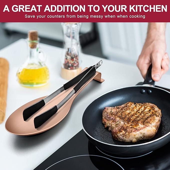 Spoon Rest, E-far Stainless Steel Rose Gold Spoon Ladle Holder, Metal Copper Spatula Rest for Kitchen Stove Top, Large Size & Dishwasher Safe
