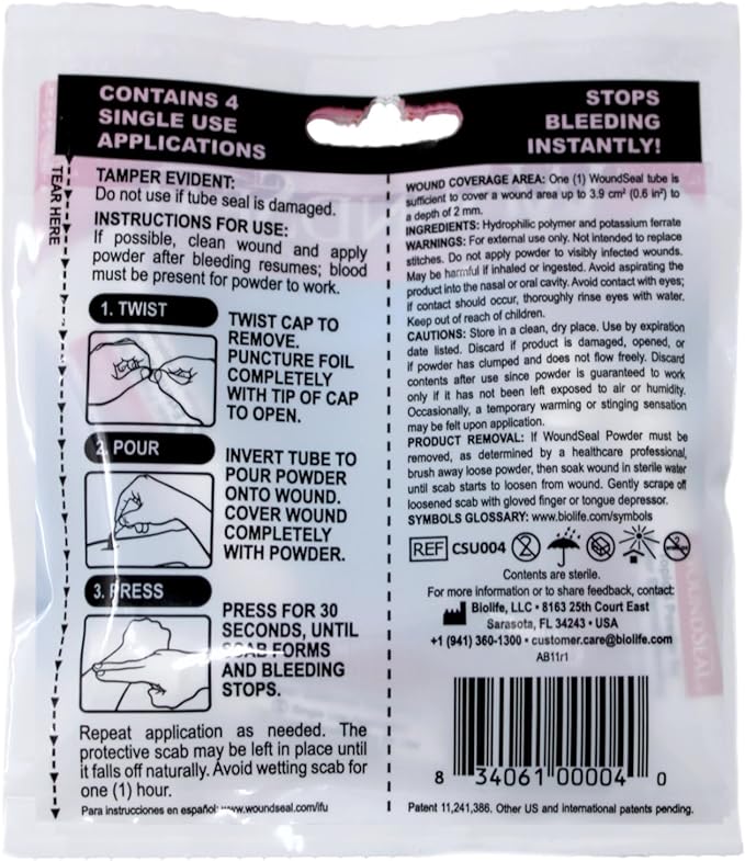 WoundSeal Topical Powder Wound Care First Aid for Cuts, Scrapes and Abrasions Single Use, 4 count (Packaging May Vary)