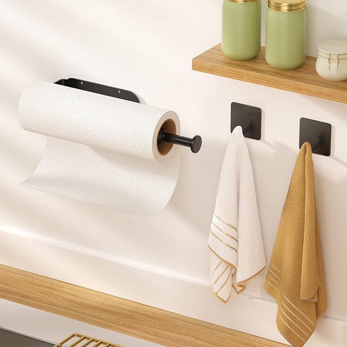 Paper Towel Holder Under Cabinet, Single Hand Operable Wall Mount with Damping Effect, Self-Adhesive or Drilled Paper Roll Holders for Kitchen, Bathroom, RV(2 Towel Robe Hooks)