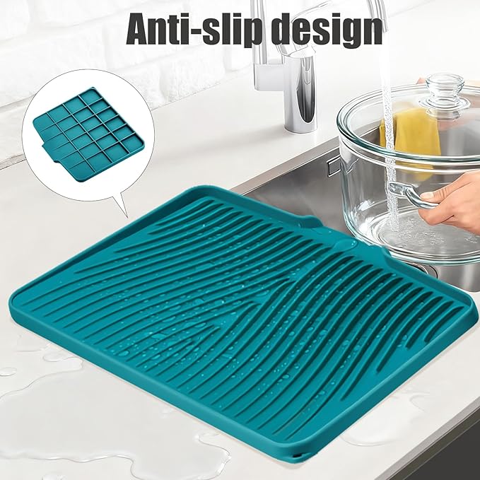 Silicone Dish Drying Mat, Stone Drying Mat for Kitchen Counter with Built-In Drain, Non-Slip Drain Pad with Built-in Drain, Heat Resistant Stone Drying Mat, 1Pcs 20" x 15", Green