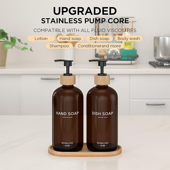Hand and Dish Soap Dispenser Set,16oz Glass Bottles with Bamboo Pumps & Tray,Countertop Soap Dispensers for Kitchen,Luxury, Minimalist & Farmhouse Decor