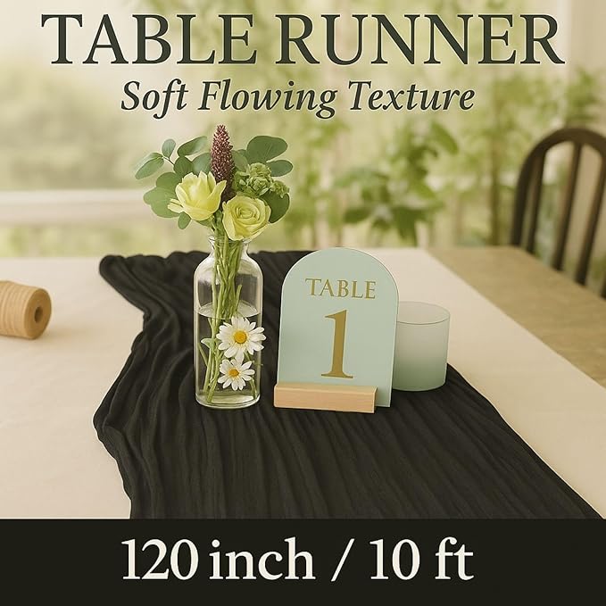 3 Pack Black 10FT Cheesecloth Table Runner 120 Inch Rustic Boho Gauze Cheese Cloth Table Runner for Wedding Baby Shower Bridal Shower Birthday Party Home Decorations