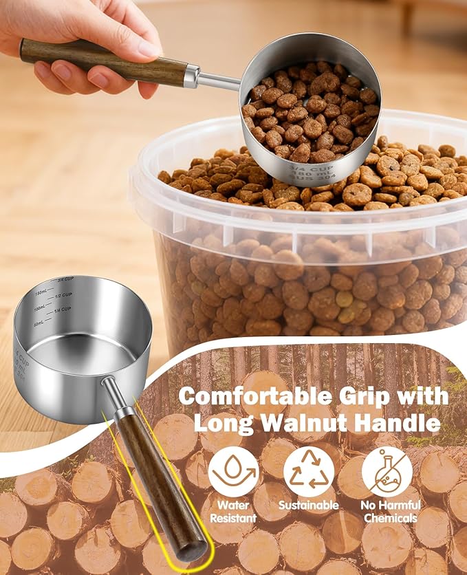 Stainless Steel Dog Food Scoop, Dog Food Measuring Cup With Measuring Lines (Cup/ML) & Long Wooden Handle, Metal Pet Food Scoop For Dogs, Cats and Kitchen Use, Dishwasher Safe (3/4 CUP)