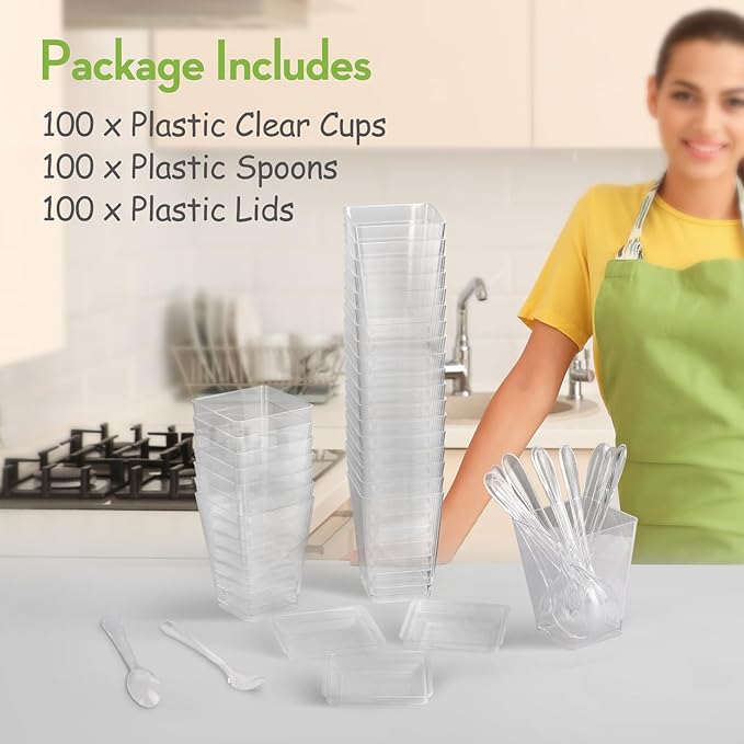 100 Pack 5 oz Plastic Dessert Cups With Lids and Spoons, Yogurt Parfait Appetizer Cups for Party, Mini Dessert Shooters for Pudding and Fruit