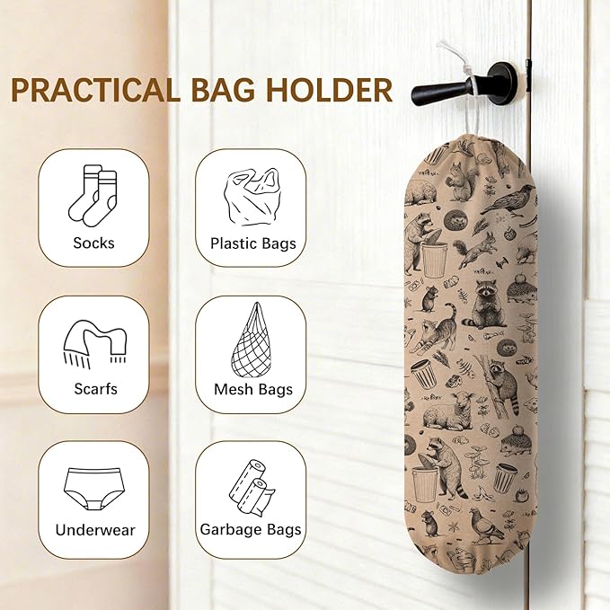 Plastic Bag Holder Dispenser, Plastic Grocery Bag Organizer & Wall Mount Paper Trash Bags Saver Storage for Kitchen Home Pantry Decor, Retro Animal Shopping Bags Storage Dispenser