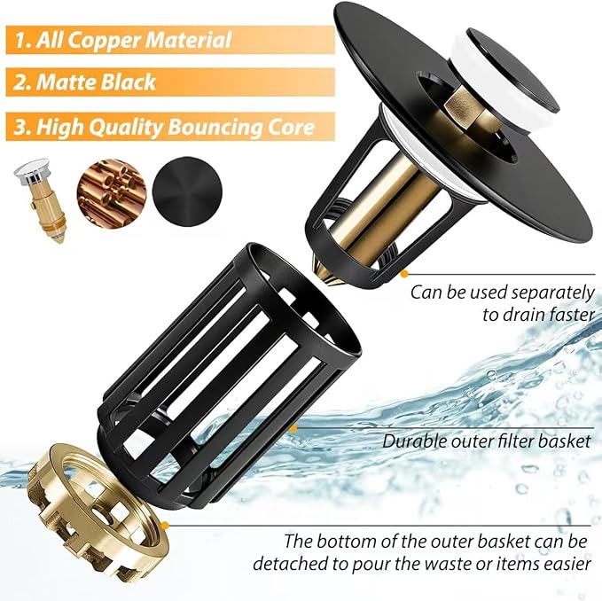 3 in 1 Pop Up Bathroom Sink Stopper, Bathroom Sink Drain Strainer, with Removable Basket Hair Catcher, Universal Sink Plug Cover for 1.06 in to 1.6 in Drain, Matte Black