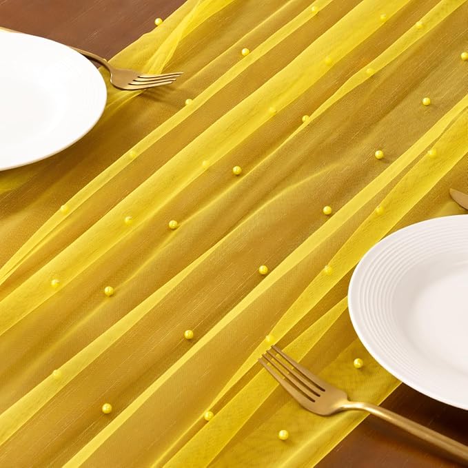 Socomi Pearl Table Runner Tulle Yellow Summer Cheesecloth 10FT Gauze Cheese Cloth Sheer Chiffon Dining Wedding Birthday Party Baby Shower Bridal Anniversary Holiday Centerpiece Table Decor