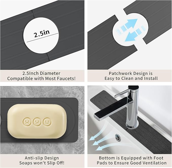 Stone Faucet Mat for Kitchen Sink, Diatomite Fast Drying Absorb Moisture Tray, Prevents Water Buildup, Durable Anti-slip Splash Guard Sink Protector (Dark Gray, 23.7"x4")