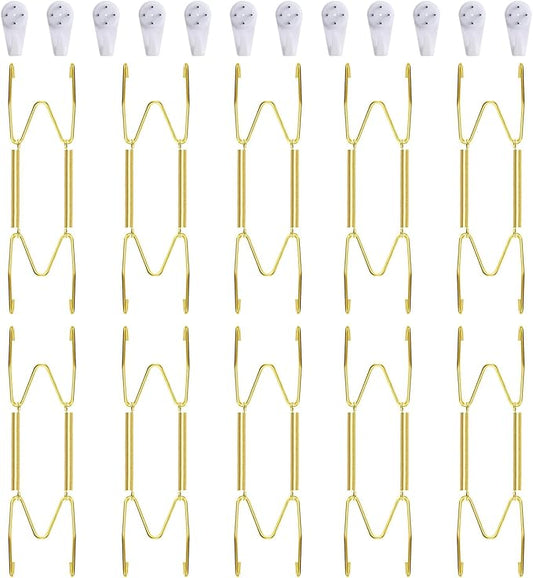 10-Piece Brass Plate Wall Hangers, 6 Inch Invisible Decorative Plate Holders, Comes with 12-Piece Wall Hooks