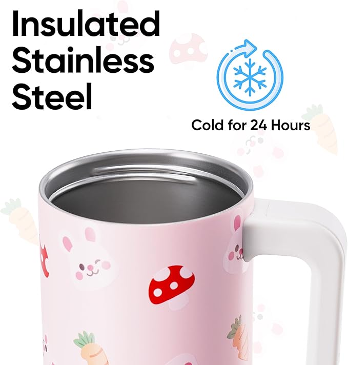 Fijinhom 25 oz Insulated Tumbler with Handle, Stainless Steel Insulated Water Bottle Coffee Mug with Straw, Coffee Cups, Cute Water Bottle for Sports, Travel, Lunch, Pink Bunny