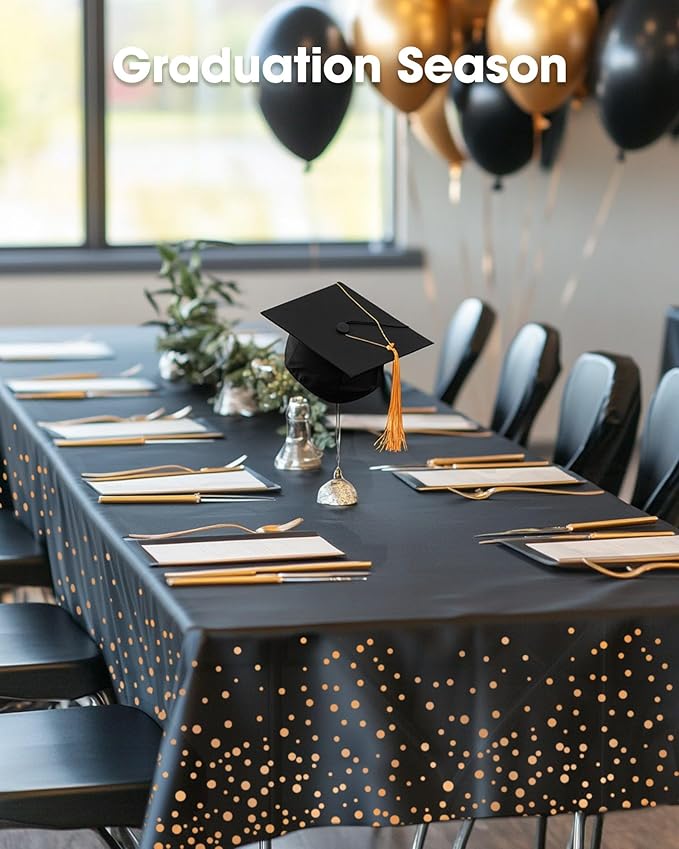 Pureegg Plastic Table Cloth Disposable 10 Pack, 54 x 108 Inch Table Cloths, Graduation Decorations of 2026, Graduation Tablecloths, Rectangle, Plastic Cover, Leakproof & Sturdy, Black and Rose Gold