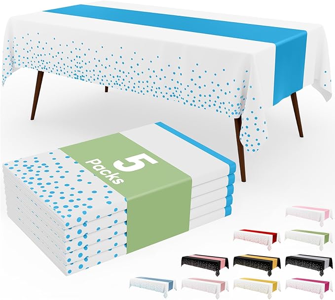 Smiry Plastic Table Cloth Disposable 5 Pack, 54 x 108 Inch Rectangle Waterproof Tablecloth, Printed Gold Table Runner Style for Birthday Weeding, Party Decorations, Leakproof & Sturdy, White and Aqua