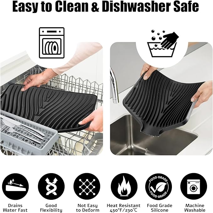 Silicone Dish Drying Mat, Stone Drying Mat for Kitchen Counter with Built-In Drain, Non-Slip Drain Pad with Built-in Drain, Heat Resistant Stone Drying Mat, 1Pcs Black(20" x 15")