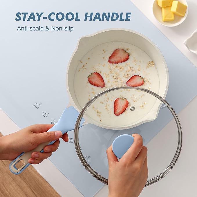 SENSARTE Ceramic Nonstick Saucepan with Double Pouring Spout 3.0 Quarts, Cooking Pot with Stay Cool Handle, Induction Compatible, Ceramic Coating, Free of Intentionally Added PFOA/PFAS, Blue
