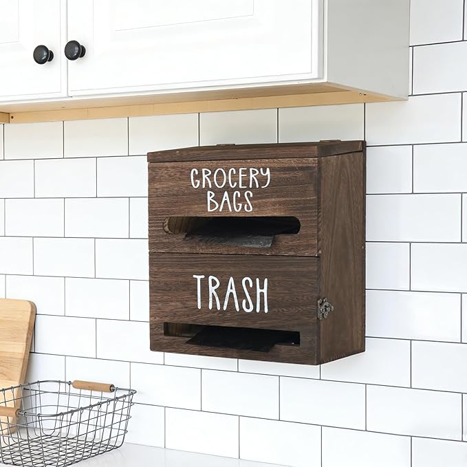 2 in 1 Trash Bag Dispenser, Double Wall Mounted,Wood Trash Bag Holder, used in kitchen, garage, laundry room, can store Environmentally friendly food bags and garbage bags(Dark Wood