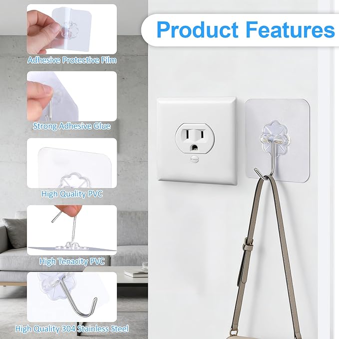 Heavy Duty Adhesive Hooks for Hanging, Waterproof Bathroom Towel Hooks, Stainless Steel Wall Mount & Door Hooks, Clear Sticky Hooks for Coats, Towels, Bags, No Drilling (10PC)