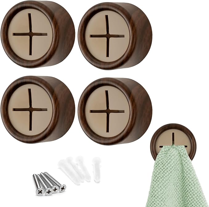 S&T INC. Round Adhesive Push Towel Hooks for Kitchen, Hand and Dish Towels, Plastic, Walnut, 4 Pack