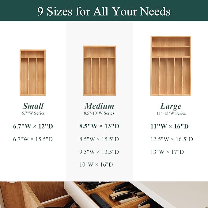Silverware Organizer, Bamboo Kitchen Drawer Organizer, Utensil Holder, Cutlery Tray & Spoon Flatware Storage with Grooved Drawer Dividers (8.5''W x 13''D)