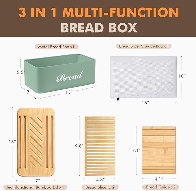 RYTOXILO Bread Slicer with Bread Box, Green Bread Storage Container for Kitchen Countertop with Multifunction Bamboo Lid, 3 in 1 Breadbox for Loaf Slicing & Tray, Bread Holder for Kitchen Counter