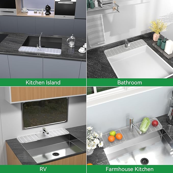Kitchen Sink Splash Guard Behind Faucet 24 x 5.5 Inch, Toovem Faucet Handle Drip Catcher Tray, Longer Silicone Sink Faucet Mat, Dish Soap Sponge Holder for Bathroom, Farmhouse, Bar Rv