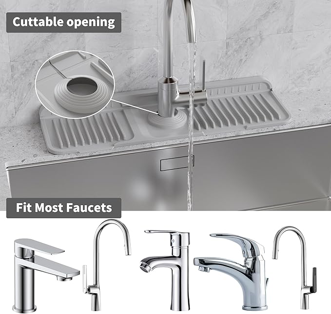 WAFT YEARN 17X5 Inch Silicone Durable Faucet Mat Kitchen Sink Splash Guard Draining Protector Tray Liner Absorbent Protective Counter Accessories For Sink Kitchen Bathroom Laundry Room Bar & RV Grey