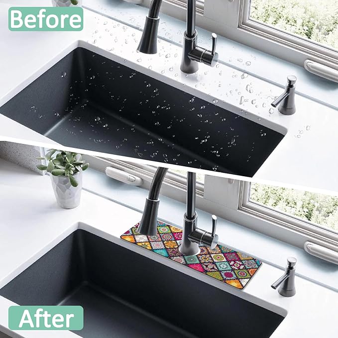 2 Pack 2 Pack Kitchen Sink Splash Guard Faucet Mat 15" X 5.5" Mandala Absorbent Fast Drying Mat Faucet Draining Mat Sink Splash Guard Behind Faucet Drip Catcher for Kitchen Bathroom