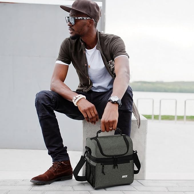 MIER Insulated Lunch Box Dual Compartment Lunch Bag Leakproof Cooler for Men Women Adult Work, Grey, Medium (Upgraded Extra-Tall Bottom Layer)