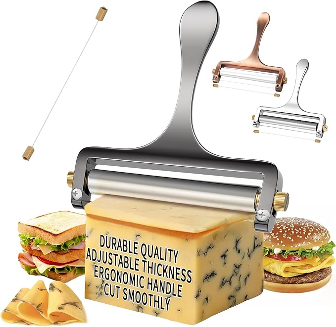 TOPULORS Cheese Slicer Cheese Cutter Stainless Steel Wire Cheese Slicer for Mozzarella, Cheddar, Gouda, And More Block Cheese - Heavy Duty Slicer With 1 Extra Replacement Cutting Wire - Gunmetal Gray