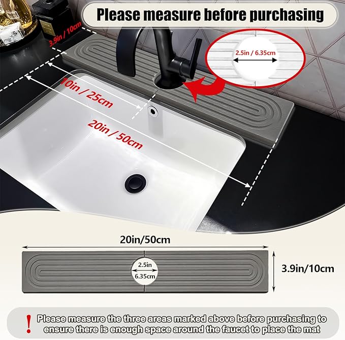 Faucet Mat For Kitchen Sink, 20" Diatomite Absorbent Faucet Mat, Sink Stone Quick Dry Around Faucet, Super Absorbent, Sink Splash Guard For Kitchen Counter (Gray)