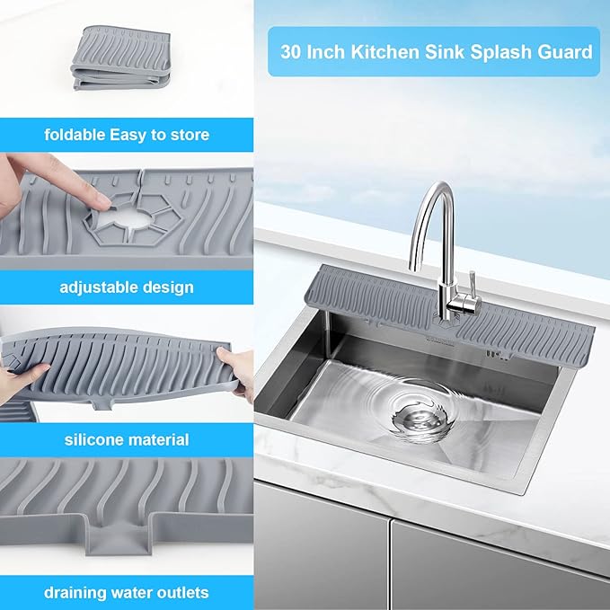 Derlights 30 inch Sink Splash Guard Mat,Silicone Faucet Handle Drip Catcher Tray, Longer Silicone Sink Mat for KitchenBathroom, Drip Protector Splash Countertop (gray)