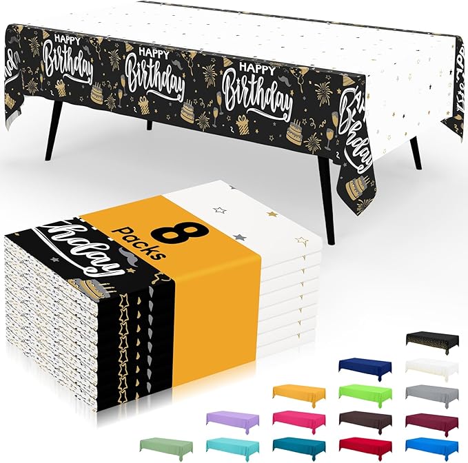 Smiry Plastic Table Cloth Disposable 8 Pack, 54 x 108 Inch Waterproof Rectangle Tablecloths for Birthday, Parties, Decorative Plastic Table Cover, Leakproof & Sturdy, Black & White