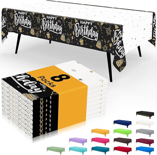 Smiry Plastic Table Cloth Disposable 8 Pack, 54 x 108 Inch Waterproof Rectangle Tablecloths for Birthday, Parties, Decorative Plastic Table Cover, Leakproof & Sturdy, Black & White