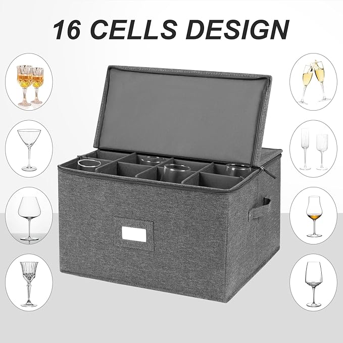 popoly Stemware Storage Cases, Wine Glass Storage Box Containers with Dividers for Glassware or Crystal, Holds 16 Red or White Wine Glasses, Hard Top and Stackable (Grey)