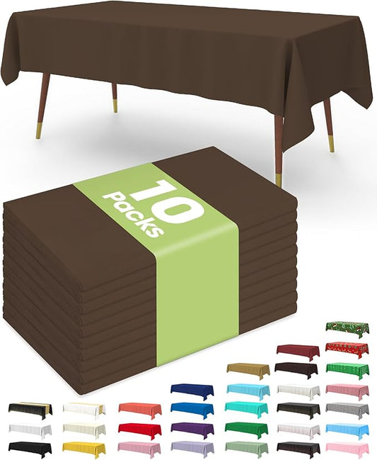 Pureegg Plastic Table Cloth Disposable 10 Pack, 54 x 108 Inch Table Cloths, Party, Thanksgiving Decorations, Harvest, Fall Tablecloths, Rectangle, Plastic Cover, Leakproof & Sturdy, Brown